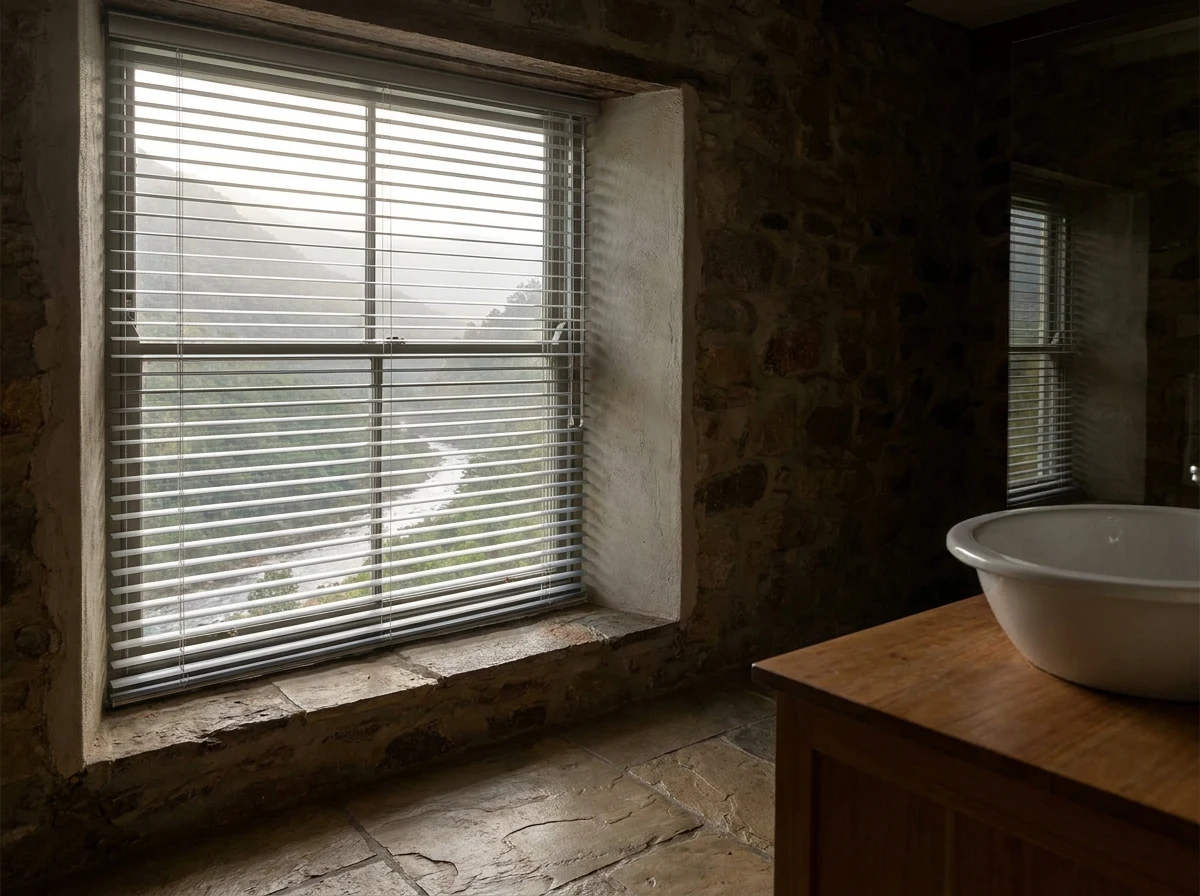 Aluminium venetian blind with tilted slats over a stone farmhouse bathroom window in the Jonkershoek valley, kloof mountain visible through the glass