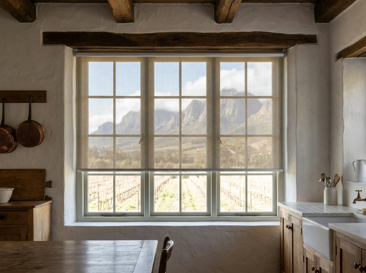 Flat sunscreen roller blind lowered halfway over a wide farmhouse kitchen window in the Jonkershoek valley, vineyard rows and kloof mountains visible through the mesh