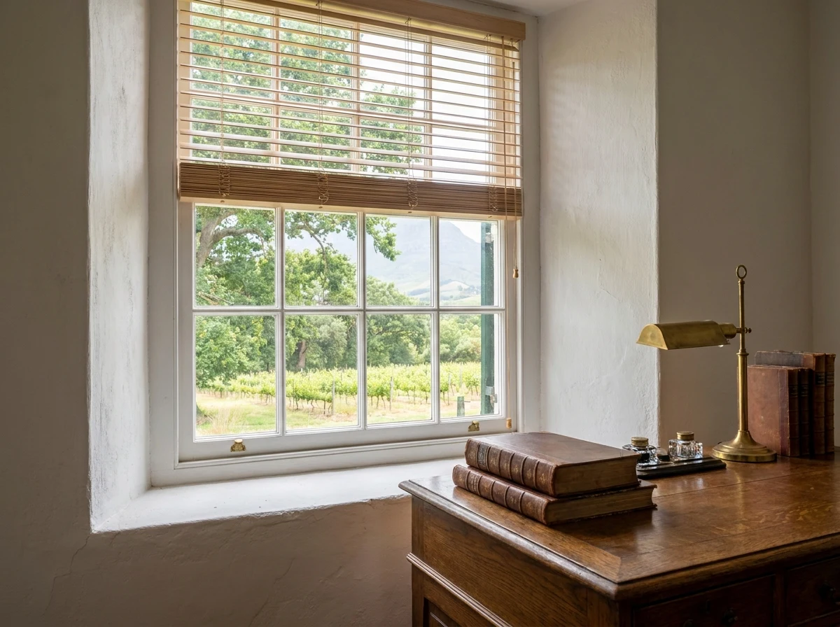 Timber venetian blind slats tilted open in a deep-set sash window study of a whitewashed Cape Dutch homestead in the Jonkershoek valley